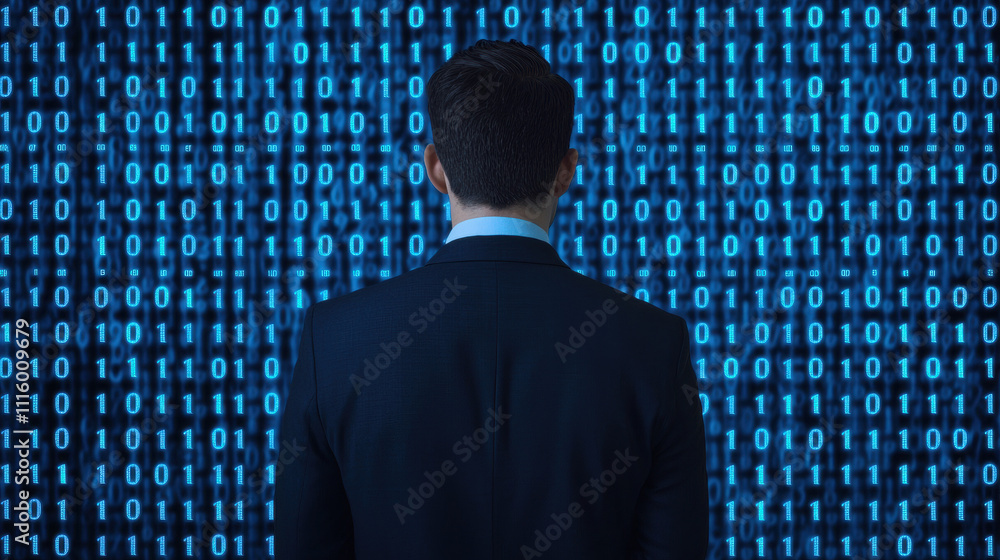 Poster a person in a suit stands facing a wall of binary code, symbolizing data analysis, technology, and t