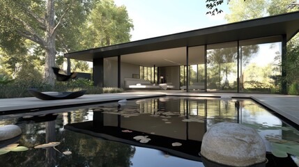 Obraz premium Modern house with a serene pond and lush surroundings