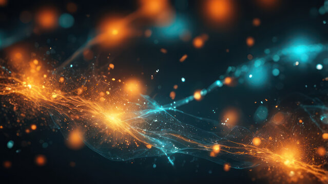 Abstract luminous scatter plot glowing in orange and teal, surrounded by dynamic light particles, futuristic ambiance. 