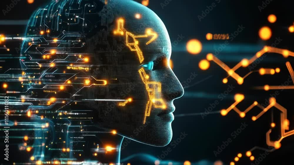 Poster futuristic artificial intelligence concept with digital brain and data flow connections in a technol