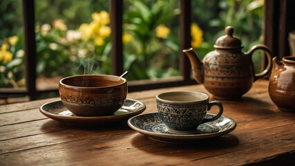 Teapot and cup of freshly brewed tea on wooden table indoors, space for text. Traditional ceremony