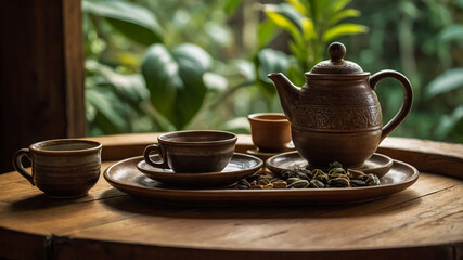 Teapot and cup of freshly brewed tea on wooden table indoors, space for text. Traditional ceremony