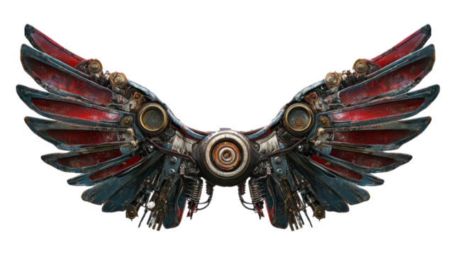 Steampunk wings design, detailed and intricate, isolated on white background.