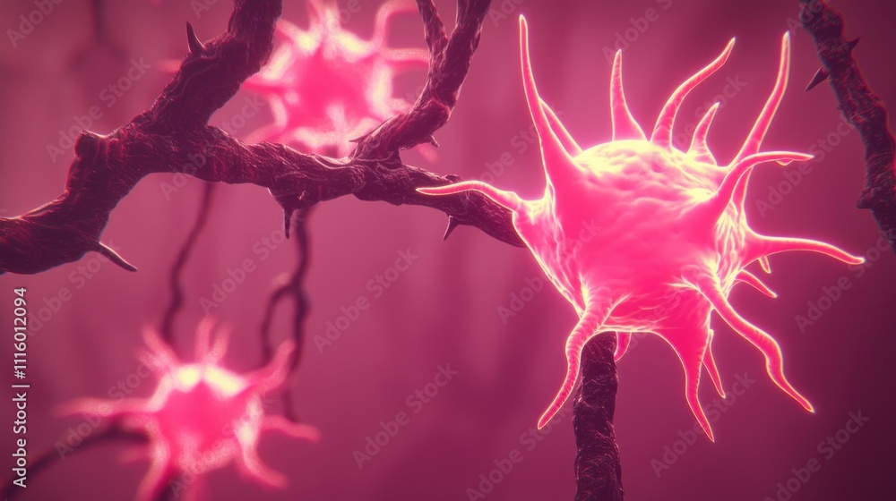 Aufkleber microscopic view of pink amoeba-like cells on a branch-like structure