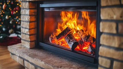 Obraz premium A cozy fireplace with flames and logs, creating a warm ambiance for the holiday season.