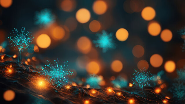 Abstract luminous scatter plot glowing in orange and teal, surrounded by dynamic light particles