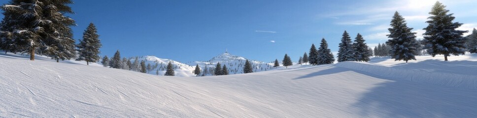 View of snow-capped mountains in Europe, stunning winter mountain scenery. Ski slopes, Alpine mountains, landscapes for cross-country skiing in the winter.