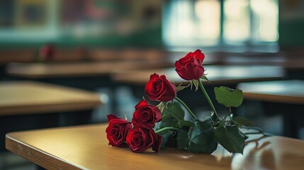 Red roses on a classroom desk.