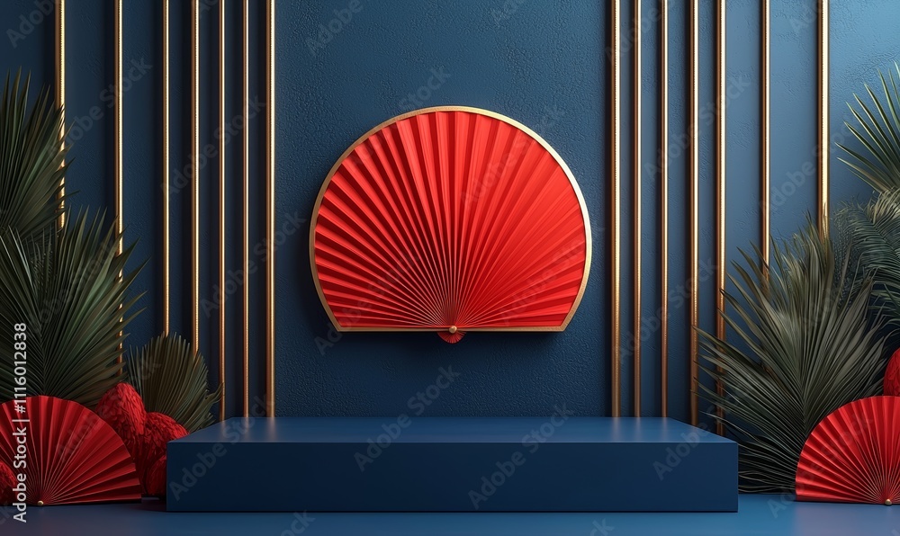 Aufkleber 3d illustration rendering of chinese new year red podium product showcase on a japanese style backgr