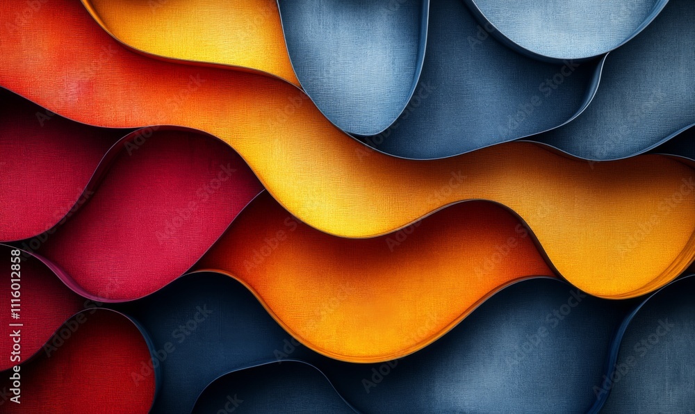 Poster isometric geometric fabric pattern with bold, overlapping shapes in vibrant colors, creating a moder