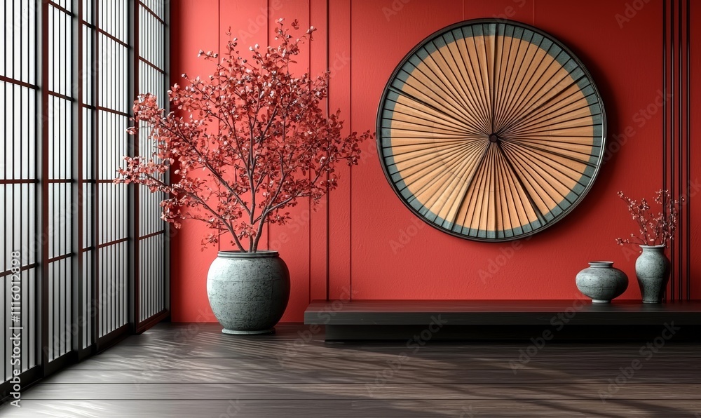 Aufkleber a red and gold chinese new year podium with a gold ring frame and a chinese pattern background. 3d i