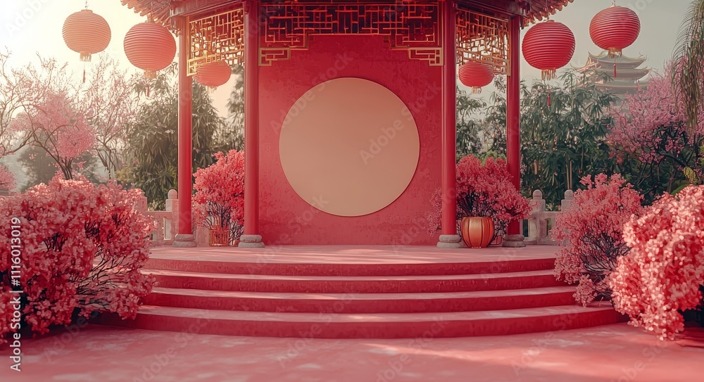 Aufkleber A 3D rendering illustration of Chinese new year background 2022 with a lantern, Chinese gold coin, scroll copy space text and a scroll copy space illustration
