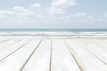 Obraz premium Serene beach scene with whitewashed wooden planks in the foreground, perfect for summer product displays or travel-themed designs.