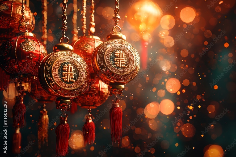 Poster lucky trees and coins representing joy and prosperity for the chinese new year.