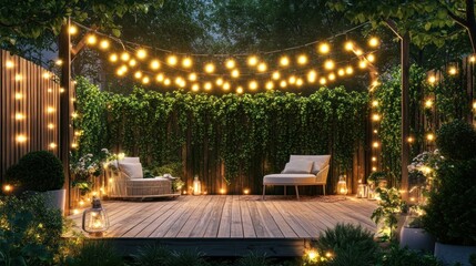 Obraz premium A cozy outdoor space with string lights, greenery, and seating for relaxation.