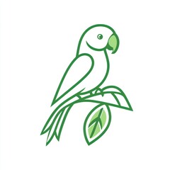 Green line art parrot perched on a branch with leaf.