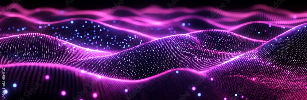 Poster The visual concept of a dynamic sound wave pulsing with musical particles. The concept of purple energy flow.