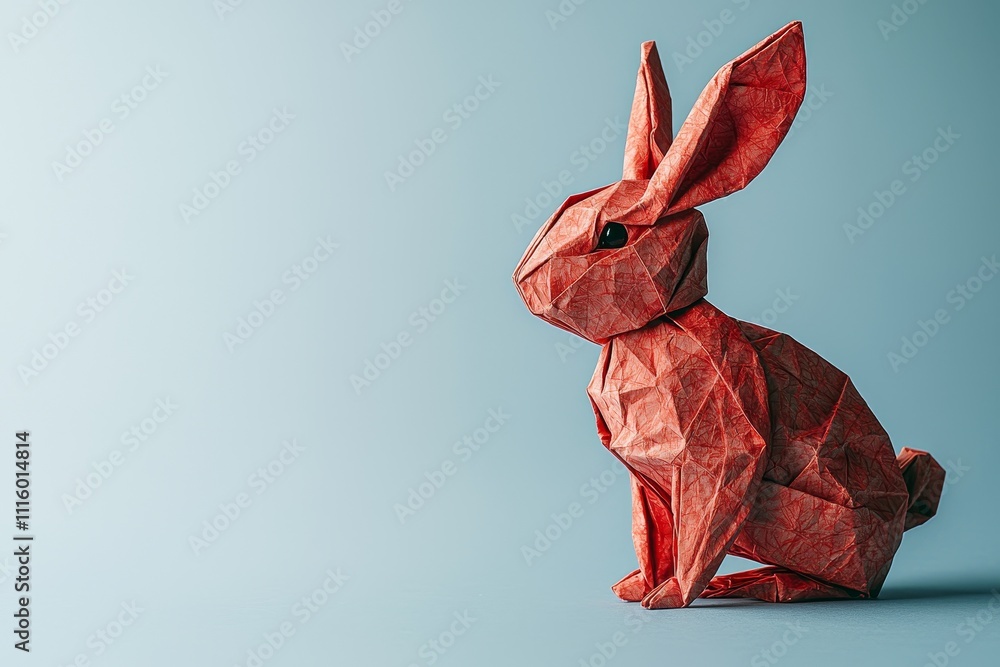 Aufkleber Greeting card design made with a red paper rabbit on a white background. Year of the rabbit composition for 2023.