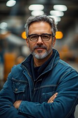 Fototapeta premium Confident businessman with glasses in a modern work environment.