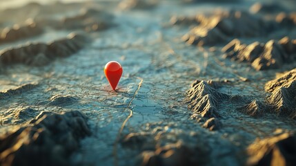 Fototapeta premium Red location pin marker on a detailed topographic map.