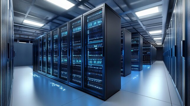 3D rendering of a data center with server racks and a light blue background. Computer mainframe in modern, futuristic technology, a super computer room interior design.