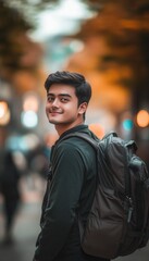 Fototapeta premium Young man smiling in a city with a backpack on his shoulders.