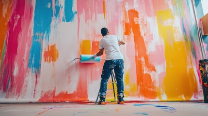 Man painting a large colorful abstract mural.