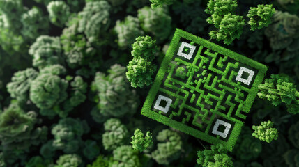 Green Trees shaped like QR code with the green forest. Technology