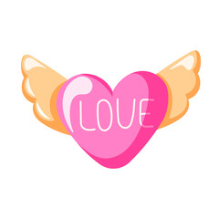 Cute pink heart with wings in cartoon. Valentine Day symbol for romantic holiday celebration, wedding invitation, greeting card design. Isolated on a white background.