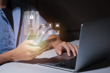 Login screen, Cybersecurity and privacy concepts to protect data. Lock icon and internet network...