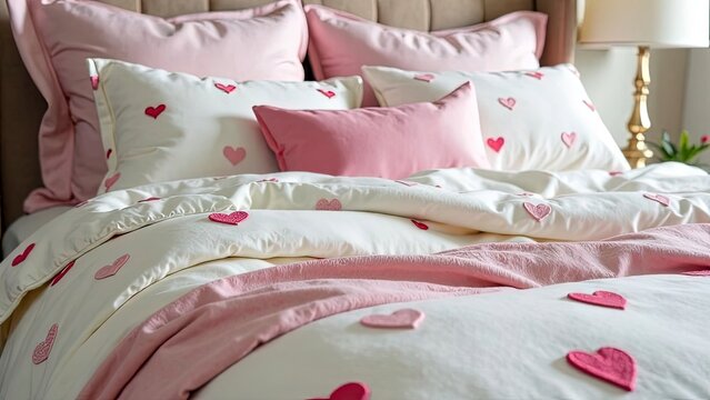 A close-up of a luxurious white bedspread adorned with delicate, embroidered pink and red hearts. The fabric has a silky texture that catches the light, creating a soft sheen - Powered by Adobe