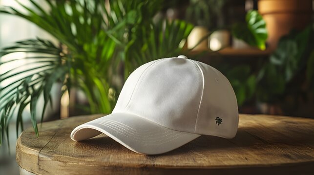 White baseball cap with small embroidered logo on wooden table, photographed with soft natural lighting and blurred indoor background featuring plants, lifestyle aesthetic.