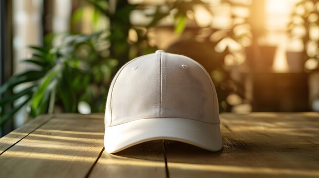 White baseball cap with small embroidered logo on wooden table, photographed with soft natural lighting and blurred indoor background featuring plants, lifestyle aesthetic.