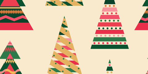 Seamless winter new year pattern: geometric christmas trees. Doodle vector hand drawn illustration in green, yellow, pink, beige, orange  colours for cards, banners, wallpaper, textile, wrapping	