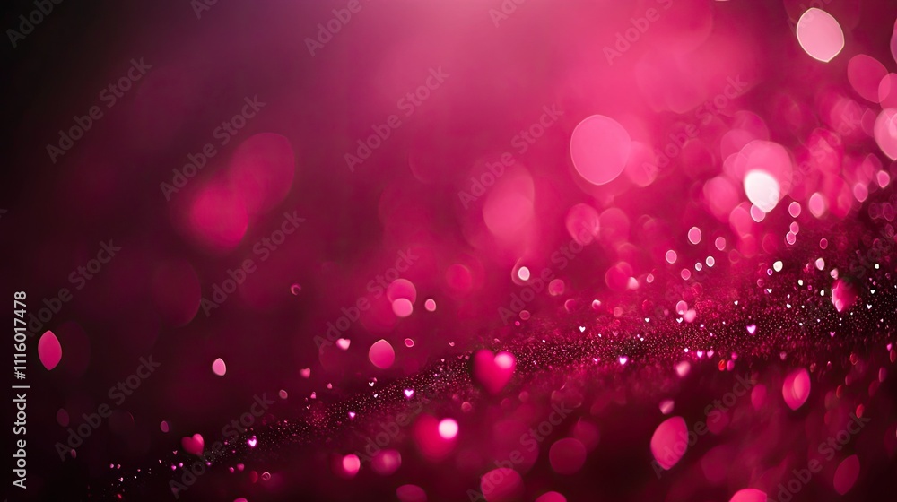Poster romantic gradient background in shades of pink and red with tiny bokeh hearts floating for valentine