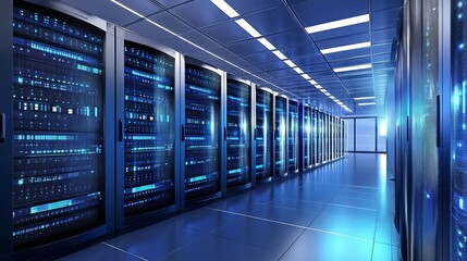 Fototapeta premium 3D rendering of a data center with server racks and a light blue background. Computer mainframe in modern, futuristic technology, a super computer room interior design.