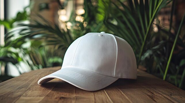 White baseball cap with small embroidered logo on wooden table, photographed with soft natural lighting and blurred indoor background featuring plants, lifestyle aesthetic.