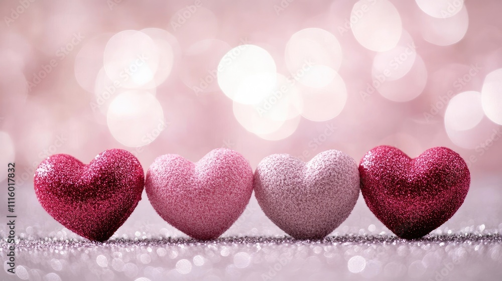 Poster romantic valentine's day background with soft pink and red heart shapes and a blurred bokeh effect i