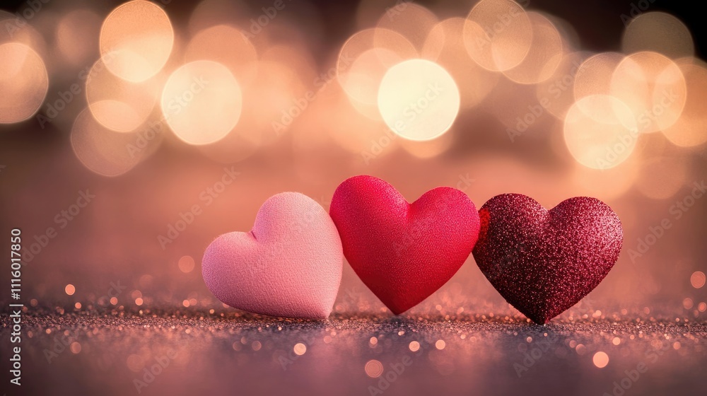 Poster romantic valentine's day background with soft pink and red heart shapes and a blurred bokeh effect i
