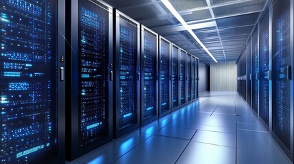 3D rendering of a data center with server racks and a light blue background. Computer mainframe in modern, futuristic technology, a super computer room interior design.