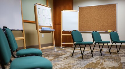Writing Workshop Setup: A classroom setup featuring whiteboards for brainstorming, corkboards for planning, and editing tools to guide students through the writing process.
