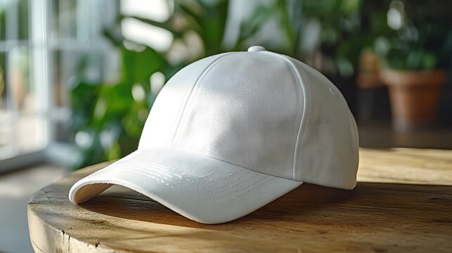 White baseball cap with small embroidered logo on wooden table, photographed with soft natural lighting and blurred indoor background featuring plants, lifestyle aesthetic.