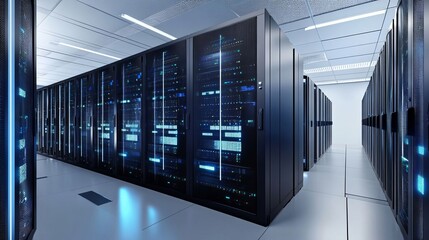 3D rendering of a data center with server racks and a light blue background. Computer mainframe in modern, futuristic technology, a super computer room interior design.