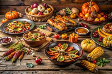 Fototapeta premium A table with food including turkey corn and pumpkins