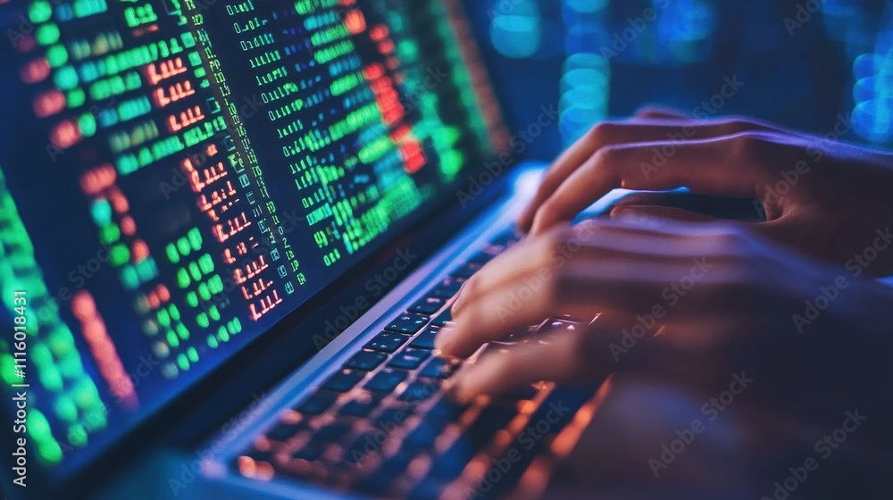 Poster hands typing on laptop with financial data dashboard