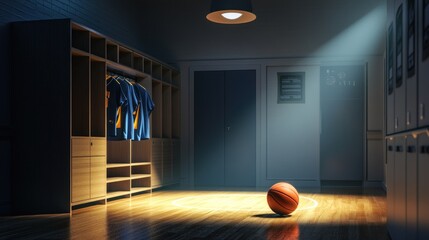 A dimly lit basketball locker room with a single basketball in focus.