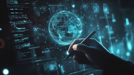Digital background featuring data and technology symbols, in a dark blue color theme, with a futuristic style and a business people working in an office environment. 
