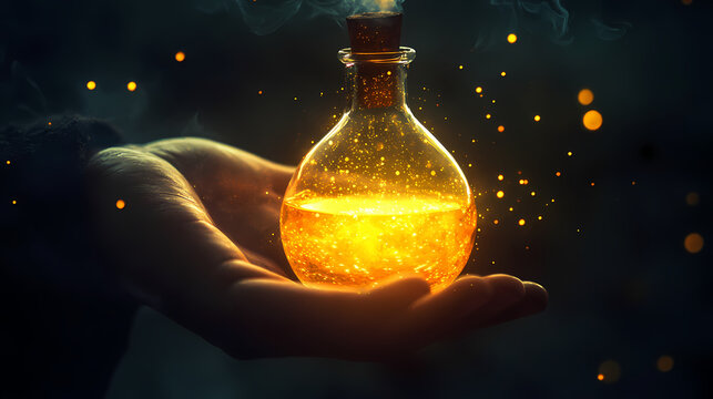 Glowing elixir in a scientist's hand. Alchemy. Illustration