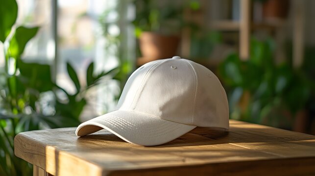 White baseball cap with small embroidered logo on wooden table, photographed with soft natural lighting and blurred indoor background featuring plants, lifestyle aesthetic.