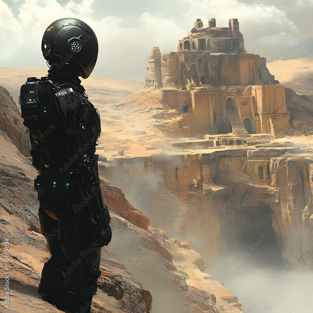 Aufkleber ai automaton exploring ancient architecture in a futuristic landscape sci-fi setting dramatic perspe